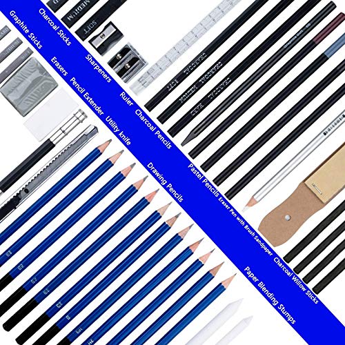 DEHUA ART 43 Pieces Drawing Pencil Set and Sketching Kit with Portable Zipper Case Complete Sketch Supplies for Beginners Kids Professional Artists