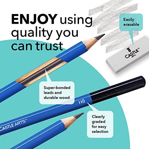 Castle Art Supplies 12 Piece Graphite Drawing Pencils Set | For Adult Artists – Beginners and Advanced | Presented in Attractive, Compact, Sturdy Metal Case With Tutorial