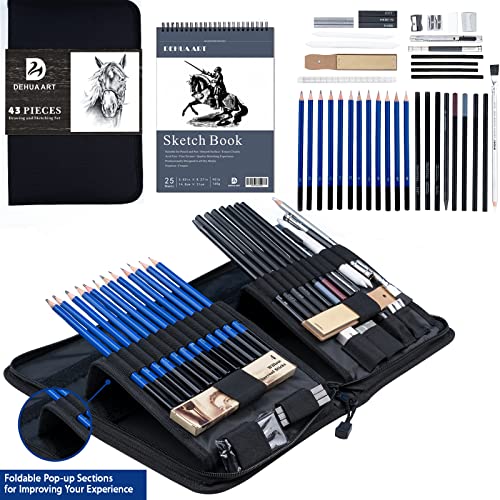 DEHUA ART 43 Pieces Drawing Pencil Set and Sketching Kit with Portable Zipper Case Complete Sketch Supplies for Beginners Kids Professional Artists