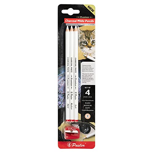 Pasler white charcoal pencils kit- 3 different grades soft,medium,hard and a sharpener,great for make you carbon sketches contrast better and highlight the highlights (set of 4)