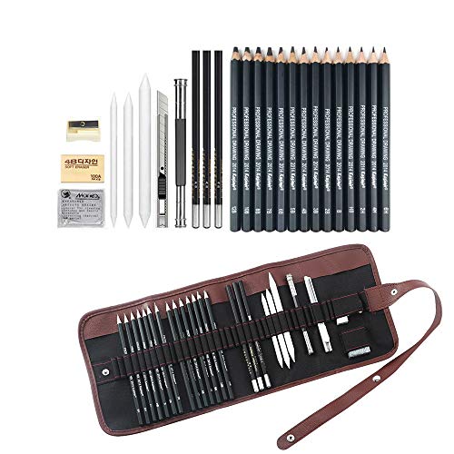 Sketching Pencil Set, 24 Pcs Graphite Drawing Pencil for Artists Adults Children Include 12B 10B 8B 7B 6B 5B 4B 3B 2B B HB 2H 4H 6H Pencils, Charcoal Pencils, Canvas Pencil Bag and Accessories