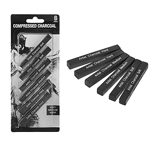 Compressed Charcoal Sticks Sketch Charcoal Sticks Charcoal Pencils for Drawing Sketching, Shading Artists Drawing Charcoal Assorted, Soft, Medium, Hard, Pack of 6
