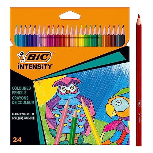 BIC Intensity colored pencils, triangular crayons, colored pencils for painting in 24 colors, in cardboard case, shatterproof lead & without wood (package may vary)