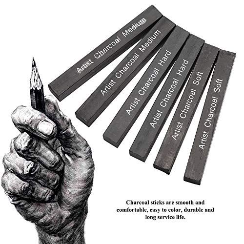 Artist Charcoal Sticks, 6Pcs Black Square Compressed Charcoal Rods Sketch Drawing Pencil Craft Tool for Sketching Drawing Shading(2 Soft 2 Medium 2 Hard)