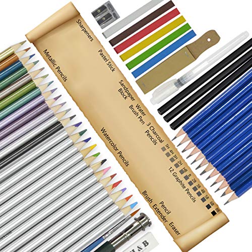 Drawing Sketching Pencil Set, KidsPark 52 pcs Art Kit with Colouring Pencils Sketch Pencils Graphite Charcoal Pencil Eraser Sharpener in Large Zipper Pencil Case for Artist Beginners Kids Adults