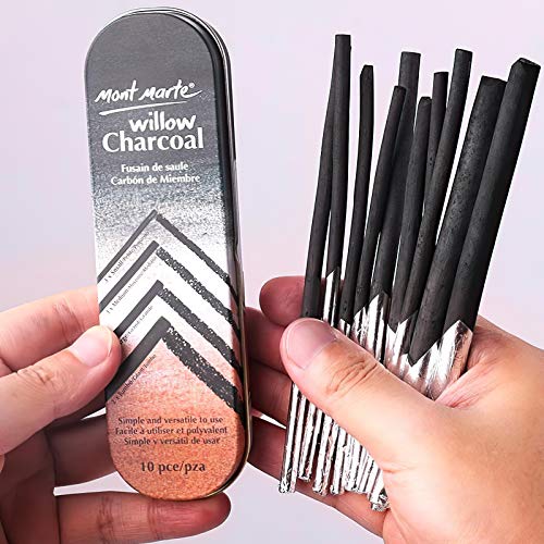 MONT MARTE Charcoal Pencils Set – 10 pieces in different Sizes – Black Charcoal Pencils for Drawing – Ideal Drawing Pencils in Aluminium Case – Sketching Pencils perfect for impressive Drawings