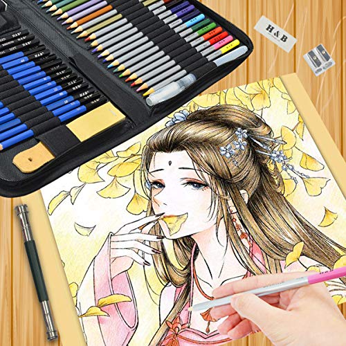 Drawing Sketching Pencil Set, KidsPark 52 pcs Art Kit with Colouring Pencils Sketch Pencils Graphite Charcoal Pencil Eraser Sharpener in Large Zipper Pencil Case for Artist Beginners Kids Adults