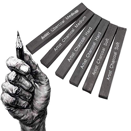 Artist Charcoal Sticks, 6Pcs Black Square Compressed Charcoal Rods Sketch Drawing Pencil Craft Tool for Sketching Drawing Shading(2 Soft 2 Medium 2 Hard)