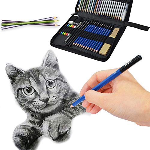Drawing Sketching Pencil Set, KidsPark 52 pcs Art Kit with Colouring Pencils Sketch Pencils Graphite Charcoal Pencil Eraser Sharpener in Large Zipper Pencil Case for Artist Beginners Kids Adults