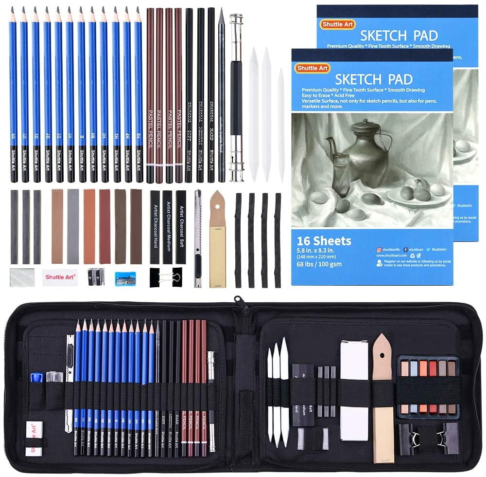 Shuttle Art Sketching Pencils and Drawing Set, 52 Pack Sketch Pad and Pencils Set in Sturdy Zipper Case with Charcoal Pencils and Sketch Books, Professional Sketch Drawing Pencils for Artists, Adults