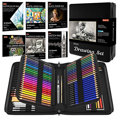 124 Pack Sketching and Drawing Pencils Set, Shuttle Art Sketch Art Pencil Set with 4 Drawing Pads, Graphite Pencils in Zipper Case, Colouring Pencils for Artist Sketching, Art Set for Adults, Beginner