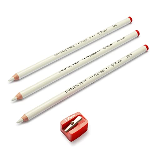 Pasler white charcoal pencils kit- 3 different grades soft,medium,hard and a sharpener,great for make you carbon sketches contrast better and highlight the highlights (set of 4)