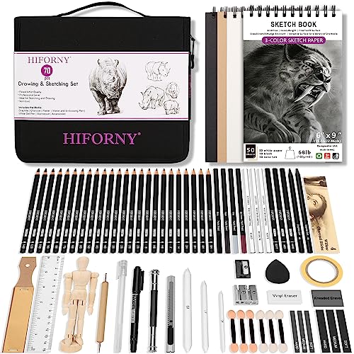 HIFORNY 70 Pcs Drawing Set Sketching Kit - Sketch Pencils Art Supplies for Adults Artists Kids with 3-Color Sketchbook,Graphite,Pastel,Charcoal Pencils,Blending Tools -in Carry-Anywhere Zip Case