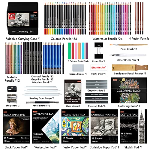 124 Pack Sketching and Drawing Pencils Set, Shuttle Art Sketch Art Pencil Set with 4 Drawing Pads, Graphite Pencils in Zipper Case, Colouring Pencils for Artist Sketching, Art Set for Adults, Beginner