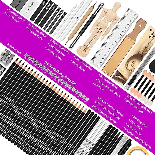 HIFORNY 70 Pcs Drawing Set Sketching Kit - Sketch Pencils Art Supplies for Adults Artists Kids with 3-Color Sketchbook,Graphite,Pastel,Charcoal Pencils,Blending Tools -in Carry-Anywhere Zip Case