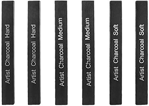 Compressed Charcoal Sticks Sketch Charcoal Sticks Charcoal Pencils for Drawing Sketching, Shading Artists Drawing Charcoal Assorted, Soft, Medium, Hard, Pack of 6