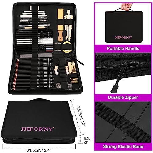 HIFORNY 70 Pcs Drawing Set Sketching Kit - Sketch Pencils Art Supplies for Adults Artists Kids with 3-Color Sketchbook,Graphite,Pastel,Charcoal Pencils,Blending Tools -in Carry-Anywhere Zip Case