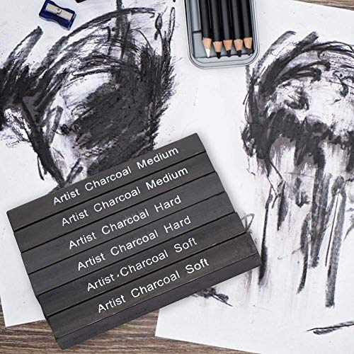 Compressed Charcoal Sticks for Drawing, 6 PCs Break-Resistant Sketch Charcoal Pencils Set Black Square Soft/Medium/Hard Graphite Pencil for Drawing Painting Art Set for Students Beginners Kids Artist