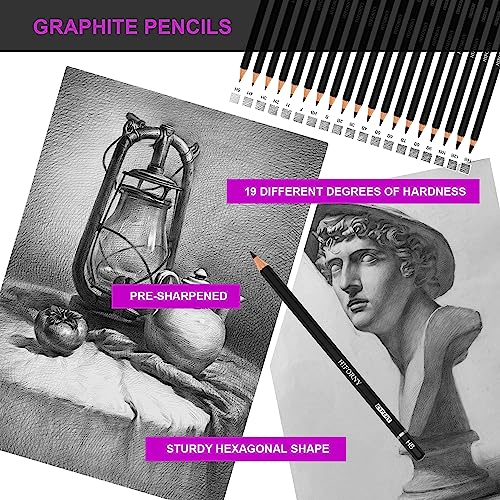 HIFORNY 70 Pcs Drawing Set Sketching Kit - Sketch Pencils Art Supplies for Adults Artists Kids with 3-Color Sketchbook,Graphite,Pastel,Charcoal Pencils,Blending Tools -in Carry-Anywhere Zip Case