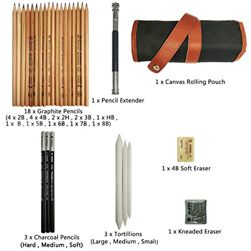 Cooja Drawing Pencils Set Art Supplies, 29 PCS Artist Sketching Pencils Sketch Kit with Graphite Charcoal Pencils Eraser Tortillon Canvas Roll up Pencil Case, Drawing Tools for Beginners Kids Adults