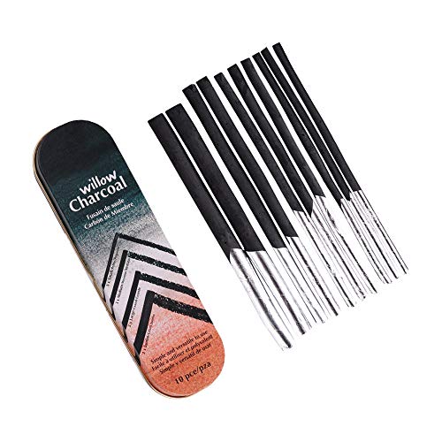 NA 10 Pcs Artist Charcoal Sticks Black Willow Charcoal Drawing Pencils with Metal Box for Kids Adults Beginners Professionals