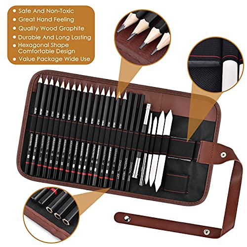 Professional 27 Pcs Sketching Pencils Set, Drawing Art Pencils with Eraser Extender Canvas Pencil Case 3H HB 2B 4B 6B 8B for Sketch Artist Beginners Kids Adults Everyday Office Use