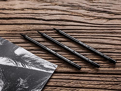MONT MARTE Charcoal Pencils Set - 3 pieces - Black Charcoal with different degrees of hardness - Ideal Charcoal Pencils for impressive drawings - Perfect for Beginners, Professionals and Artists