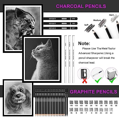 HIFORNY 70 Pcs Drawing Set Sketching Kit - Sketch Pencils Art Supplies for Adults Artists Kids with 3-Color Sketchbook,Graphite,Pastel,Charcoal Pencils,Blending Tools -in Carry-Anywhere Zip Case