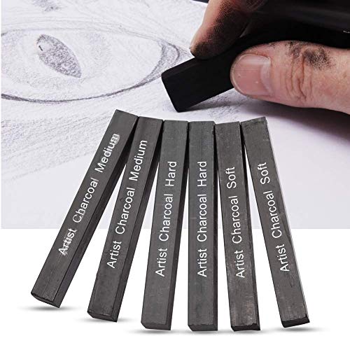 Compressed Charcoal Sticks for Drawing, 6 PCs Break-Resistant Sketch Charcoal Pencils Set Black Square Soft/Medium/Hard Graphite Pencil for Drawing Painting Art Set for Students Beginners Kids Artist