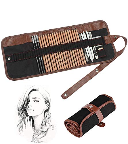 Heshengping Sketch Drawing Pencil Set for Beginners Children Kids Teens Adults Artists Art Supplies Artist Sketch Kit Canvas Roll up Pencil Case with Pencils Charcoal Pencils and Accessories