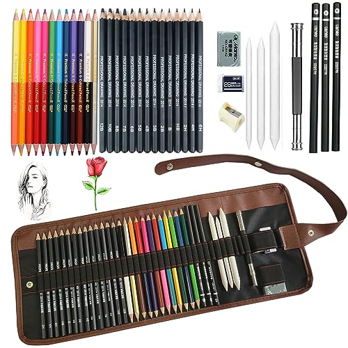 WEAMOLE Sketching Pencils Set, 37 Packs Art Supplies with drawing Pencils Dual Ended Color Pencil Charcoal Pencils, Canvas Pencil Wrap for Artists Adults Kids Beginners