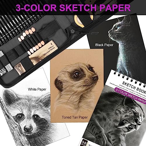 HIFORNY 70 Pcs Drawing Set Sketching Kit - Sketch Pencils Art Supplies for Adults Artists Kids with 3-Color Sketchbook,Graphite,Pastel,Charcoal Pencils,Blending Tools -in Carry-Anywhere Zip Case
