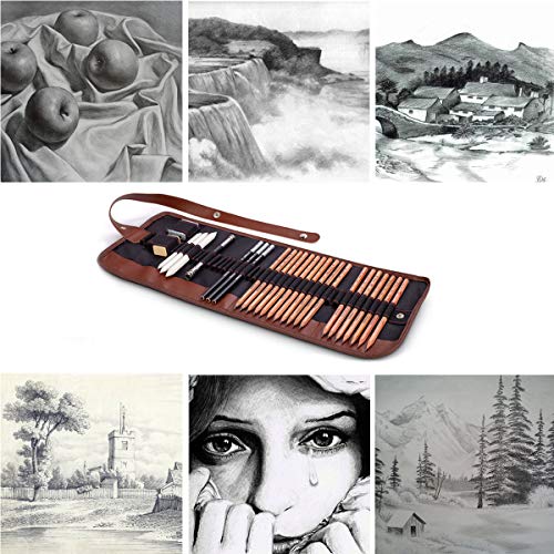 Cooja Drawing Pencils Set Art Supplies, 29 PCS Artist Sketching Pencils Sketch Kit with Graphite Charcoal Pencils Eraser Tortillon Canvas Roll up Pencil Case, Drawing Tools for Beginners Kids Adults