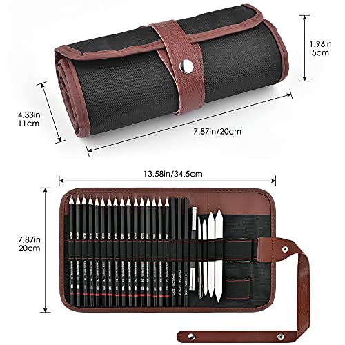 Professional 27 Pcs Sketching Pencils Set, Drawing Art Pencils with Eraser Extender Canvas Pencil Case 3H HB 2B 4B 6B 8B for Sketch Artist Beginners Kids Adults Everyday Office Use