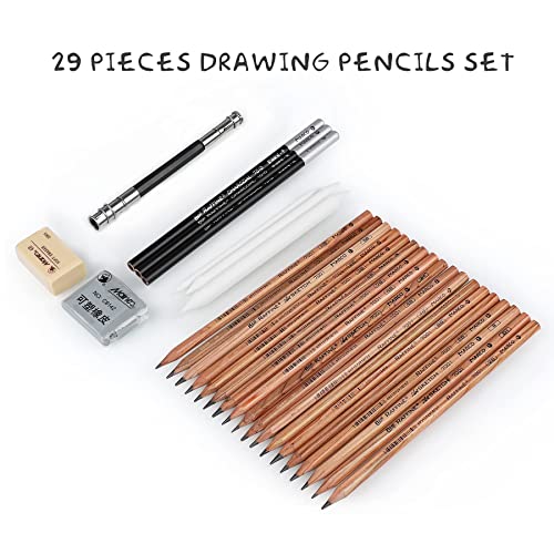 Coolzon Drawing Sketching Pencils Set, 29 pcs Artist Pencil Set with Sketch Pencils Charcoal Pencils Graphite Pencil in Canvas Bag, Art Supplies Kit for Sketching and Drawing