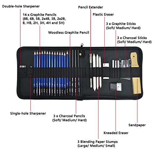 lunaoo Sketching Drawing Pencils Set, 36 PCS Art Supplies Artist Sketch Kit with Graphite Pencils Charcoal Pencil Set for Kids Adults