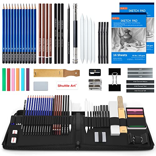Shuttle Art Sketching Pencils and Drawing Set, 52 Pack Sketch Pad and Pencils Set in Sturdy Zipper Case with Charcoal Pencils and Sketch Books, Professional Sketch Drawing Pencils for Artists, Adults