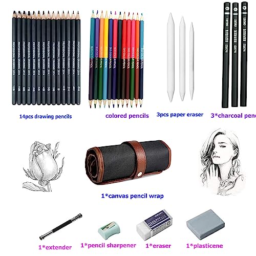 WEAMOLE Sketching Pencils Set, 37 Packs Art Supplies with drawing Pencils Dual Ended Color Pencil Charcoal Pencils, Canvas Pencil Wrap for Artists Adults Kids Beginners