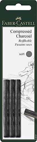 Faber-Castell Pack of 3 Compressed PITT Charcoal Sticks, Intensive Black, Soft