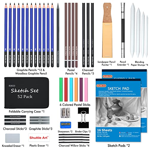 Shuttle Art Sketching Pencils and Drawing Set, 52 Pack Sketch Pad and Pencils Set in Sturdy Zipper Case with Charcoal Pencils and Sketch Books, Professional Sketch Drawing Pencils for Artists, Adults
