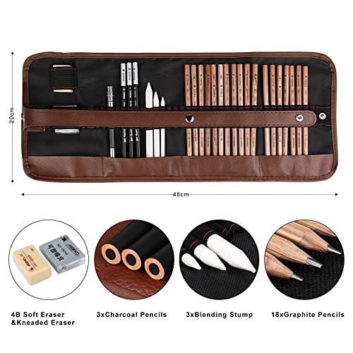 Coolzon Drawing Sketching Pencils Set, 29 pcs Artist Pencil Set with Sketch Pencils Charcoal Pencils Graphite Pencil in Canvas Bag, Art Supplies Kit for Sketching and Drawing
