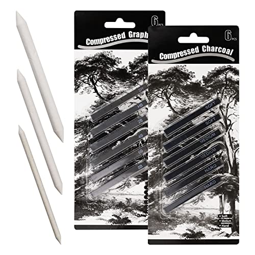 12 Pieces Graphite Material Sticks with 3 Blending Stumps, Square Compressed Charcoal Sticks Drawing Pencils Set for DIY Drawing Crafts, Sketching, Shading, Beginners and Artists