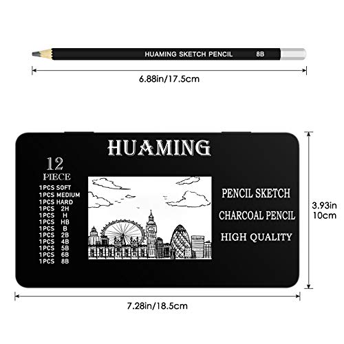 BROTOU 12Pcs Professional Sketch and Drawing Pencils Set, 2H H HB B 2B 4B 5B 6B 8B and 3Pcs Charcoal Art Pencils for Kids Adults Artists and Beginners