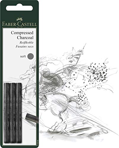 Faber-Castell Pack of 3 Compressed PITT Charcoal Sticks, Intensive Black, Soft