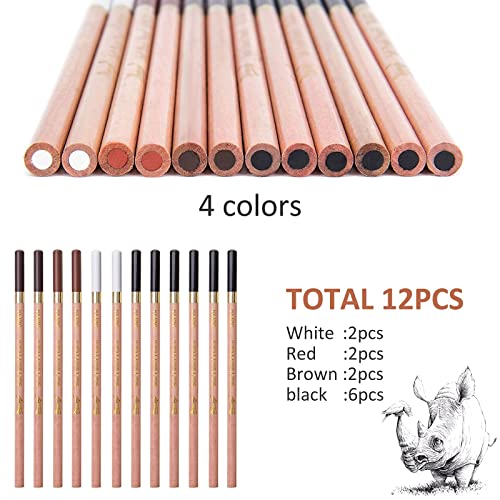 12Pcs Coloured Charcoal Pencil Set,4 Colors Charcoal Drawing Pencils Art Sketching Pencils Set for Artists Beginners Professionals Adults