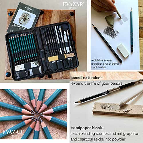EVAZAR London Sketching and Drawing Art Supplies, Includes Graphite and Charcoal Pencils, Sticks and Accessories; Beautifully Presented in Portable Case with Integrated Stands; 44 Piece