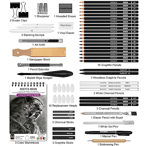 HIFORNY 60 Pcs Drawing Kit Sketching Pencil Set,Sketch Pencils Art Supplies with 3-Color Sketchbook,Graphite,Charcoal,Drawing Pencils for Adults Artists