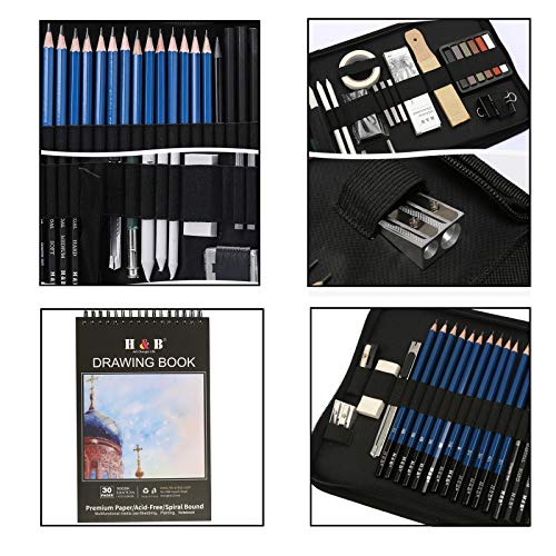 Cozii Drawing Pencils Set, 51 Pack Professional Sketch Pencil Set, Art Supplies Drawing Set with Graphite Charcoal Sticks Tool Sketch Book for Adults Kids Drawing Sketching