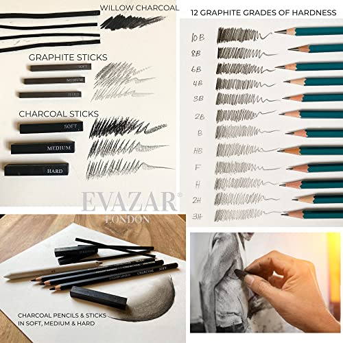 EVAZAR London Sketching and Drawing Art Supplies, Includes Graphite and Charcoal Pencils, Sticks and Accessories; Beautifully Presented in Portable Case with Integrated Stands; 44 Piece