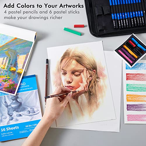 Shuttle Art Sketching Pencils and Drawing Set, 52 Pack Sketch Pad and Pencils Set in Sturdy Zipper Case with Charcoal Pencils and Sketch Books, Professional Sketch Drawing Pencils for Artists, Adults